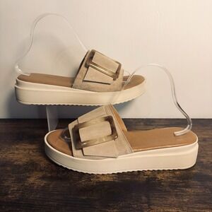 Simona Rossi Slip on Sandals Womens Sz 8 Tan Suede Buckle Open Toe